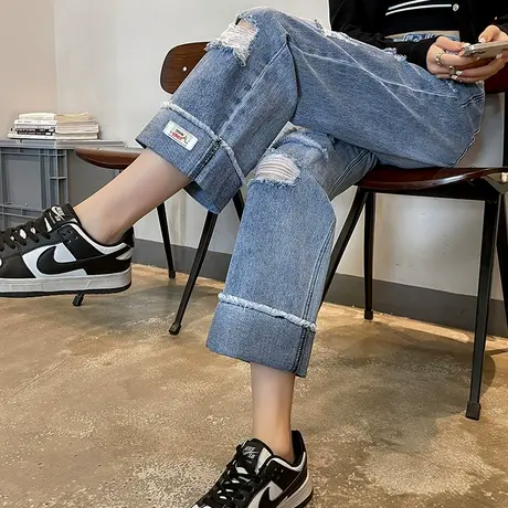 破洞牛仔裤女春秋新款高腰显瘦九分卷边小个子直筒宽松阔腿乞丐裤商品大图