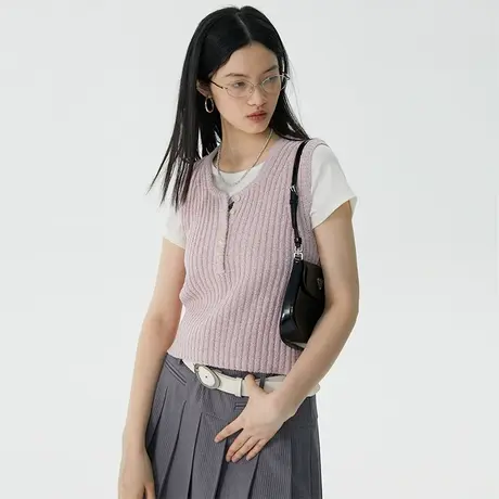 omont蛋挞家 方领坑条针织衫女夏季新款复古修身显瘦背心上衣商品大图
