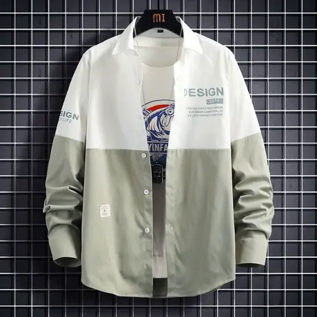 春秋长袖衬衫男士2022新款韩版潮流拼接撞色衬衣男生港风外套男装商品大图