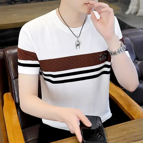 伊力特冰麻短袖t恤男士薄款弹力凉感打底衫夏季冰丝针织条纹半袖商品大图