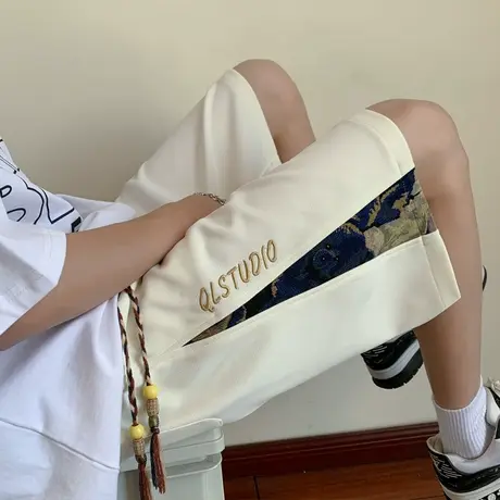 短裤男夏季薄款休闲阔腿五分裤ins潮流港风国潮宽松刺绣运动裤子商品大图