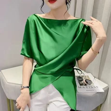 欧货不规则一字领T恤女短袖个性百搭小衫气质高级感上衣设计感ins商品大图