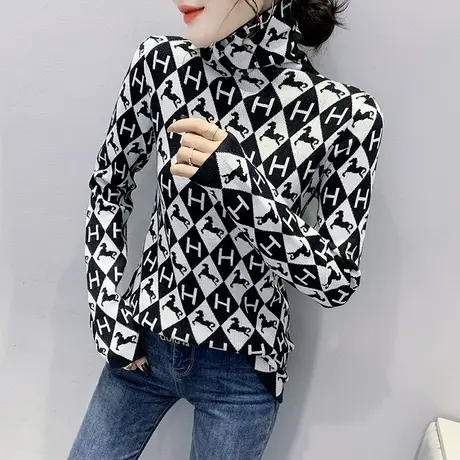 棋盘格撞色毛衣女秋冬加厚保暖高领针织打底衫长袖洋气紧身上衣潮商品大图