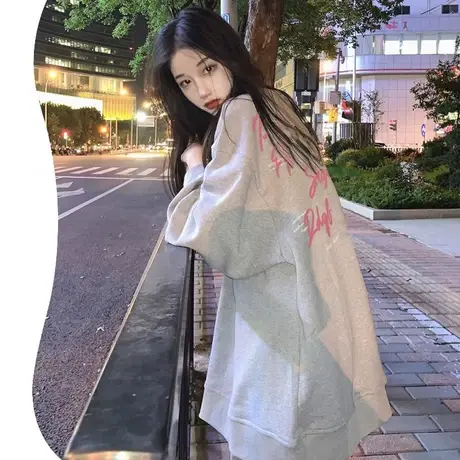 美式潮牌花灰色卫衣女2024新款秋冬oversize港风chic上衣甜辣长袖商品大图