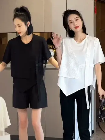 洋气女装短袖t恤2023夏新款遮肉显瘦宽松不规则假两件上衣体恤衫图片