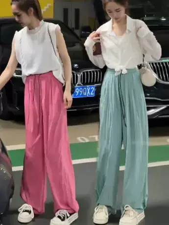 宽松高腰阔腿裤女2023夏秋季新款慵懒风粉色休闲裤拖地裤子薄款潮商品大图
