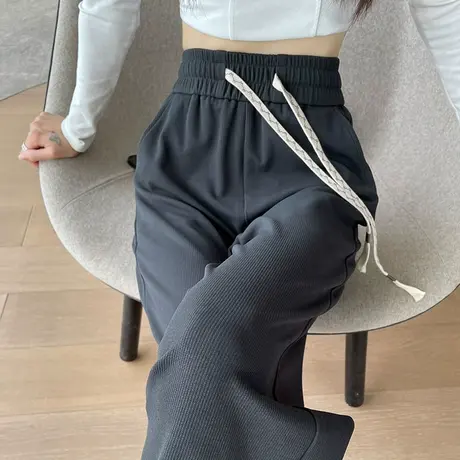 灰色阔腿裤女春秋2023年新款高腰休闲显瘦宽松直筒抽绳针织拖地裤商品大图