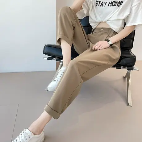 咖色西装裤女九分小个子2024年春秋新款高腰宽松显瘦休闲萝卜裤子图片