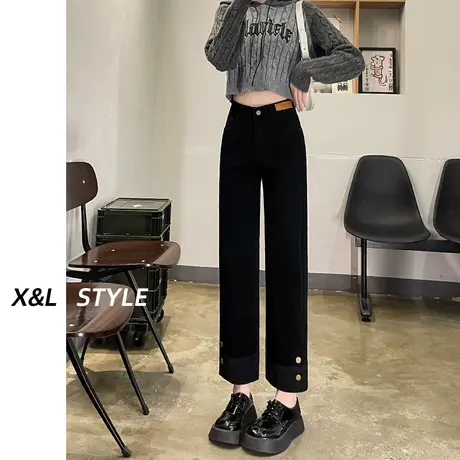 黑色直筒牛仔裤女秋冬2023新款高腰显瘦小个子九分拼接窄版烟管裤商品大图