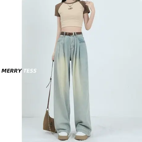 怀旧蓝色阔腿牛仔裤女秋季2023年春秋新款设计感褶皱修身直筒裤子图片