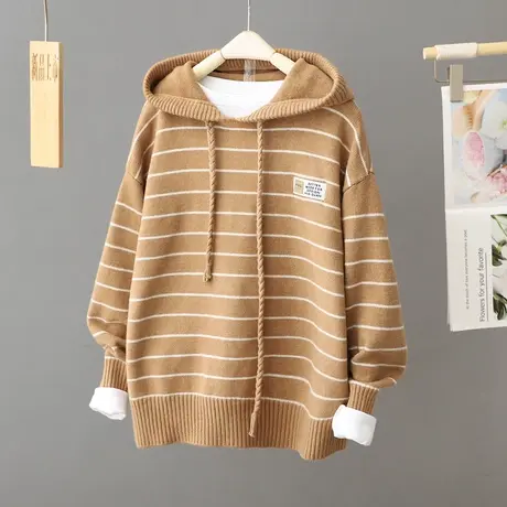 2024秋冬新款欧洲站条纹连帽毛衣女外套宽松慵懒风外穿加厚针织衫图片