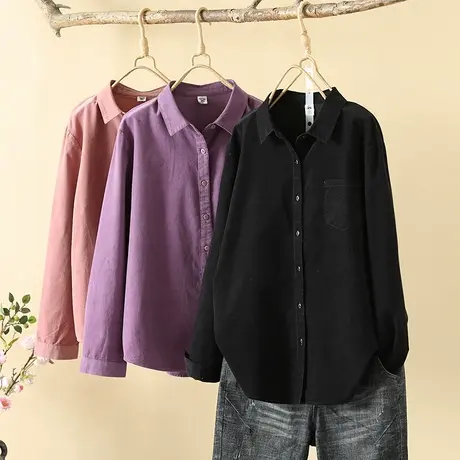 长袖文艺学生白衬衣女上衣外套2023年春秋装韩版灯芯绒宽松衬衫女图片