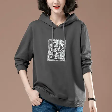 春秋季2022新款连帽卫衣女加大码宽松中年妈妈刺绣薄款外穿上衣女商品大图