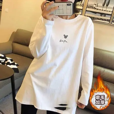 白色打底衫韩版中长款上衣2022秋冬装磨毛加厚长袖t恤女纯棉内搭商品大图