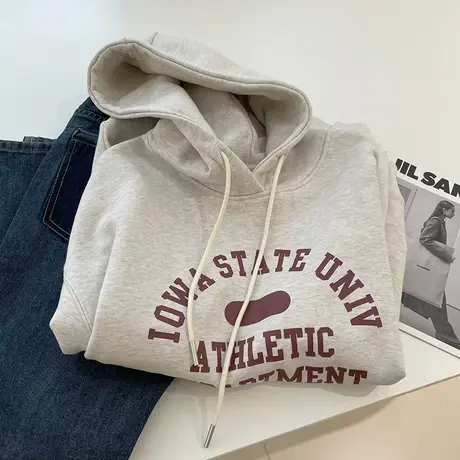 美式复古字母连帽卫衣！秋冬加绒保暖慵懒宽松休闲上衣带帽衫女潮商品大图