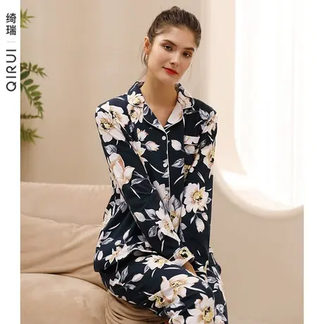 绮瑞睡衣女春秋款纯棉长袖女士开衫套装春季妈妈中国风家居服大码商品大图