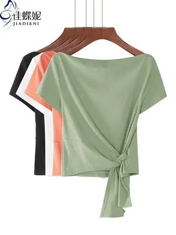 夏季新款一字领宽松气质露锁骨短袖T恤下摆打结纯白百搭上衣女商品大图