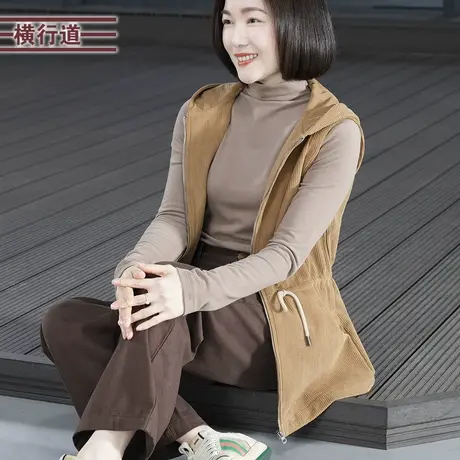 纯色简约连帽抽绳收腰灯芯绒加绒马甲外套女大码上衣2025春季新款商品大图