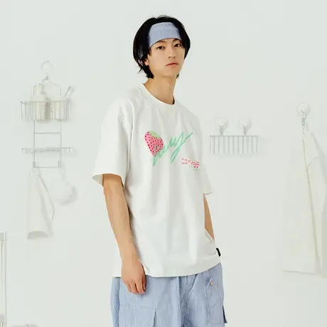 奕飏草莓印花潮牌夏季宽松磨毛圆领短袖t恤男情侣半袖2020新款图片