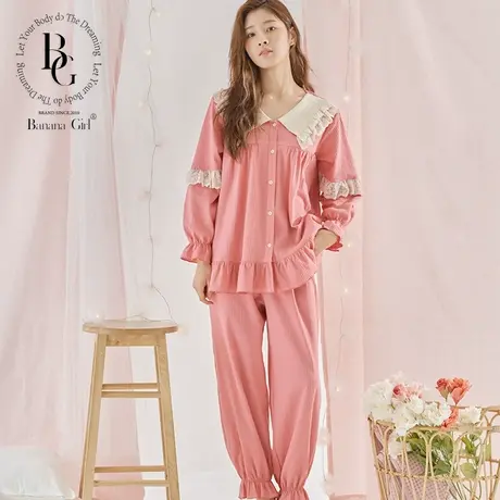 香蕉女孩睡衣女长袖纯棉女士蕾丝甜美可爱娃娃领开衫家居服套装商品大图