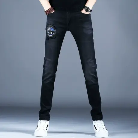 花刺绣裤子潮流男士美式高街牛仔裤男款小脚修身秋冬男裤2023新款商品大图