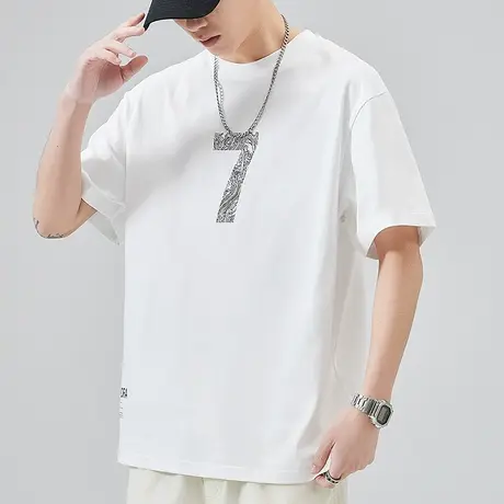 夏季薄款白色印花圆领短袖t恤男款全棉t半截袖体恤男士夏装上衣服商品大图