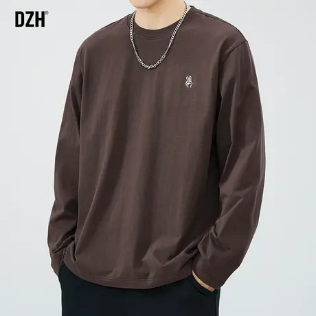 男士咖色纯棉t恤男长袖上衣潮牌男装新款情侣秋衣圆领打底衫内搭商品大图