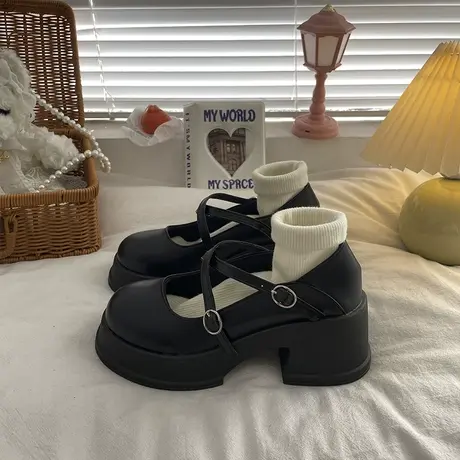 黑色交叉扣带小皮鞋女2023春夏季新款粗跟厚底百搭法式玛丽珍单鞋商品大图