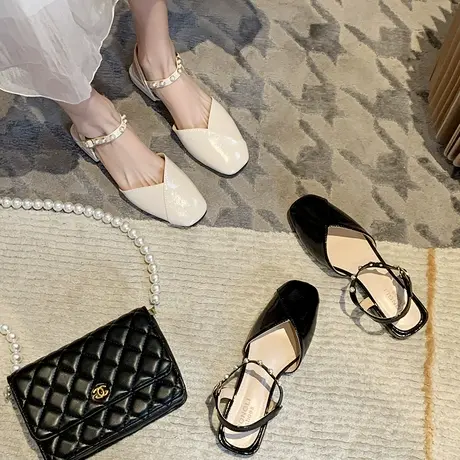 法式小跟单鞋女2023年春夏新款设计感玛丽珍鞋晚晚风平底包头凉鞋商品大图