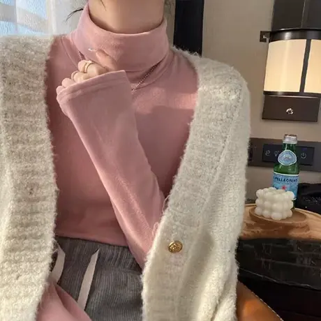 韩系高级感堆堆高领长袖T恤女秋冬德绒保暖修身内搭打底衫上衣潮商品大图