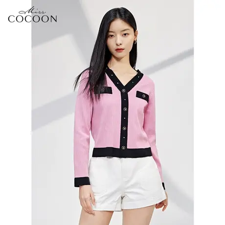 miss COCOON法式小香风外套女2023新款春V领撞色别致时尚毛针织衫商品大图