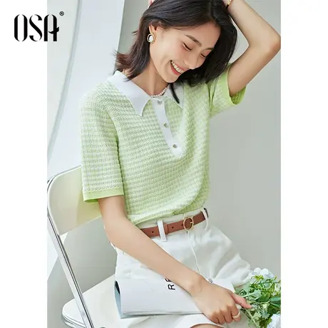 OSA欧莎薄款冰丝短袖polo领针织衫女夏装2022年新款显瘦短款上衣商品大图