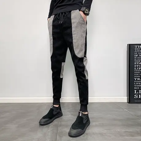 2023秋季男士拼色休闲裤潮牌潮流时尚韩版修身网红快手小脚哈伦裤图片