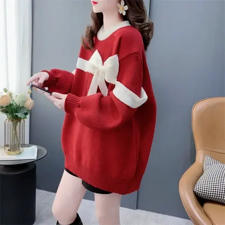 设计感蝴蝶结新年红色圆领毛衣女秋冬2023新款宽松洋气甜美针织衫图片