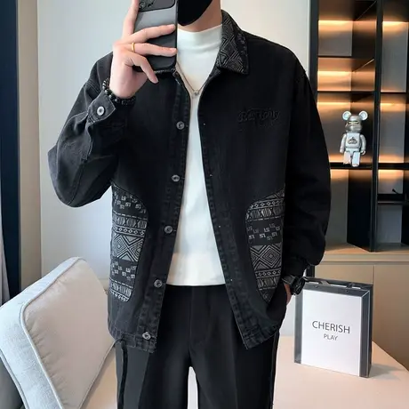 美式牛仔外套男春秋季潮牌2023新款印花拼接口袋痞帅工装夹克上衣商品大图