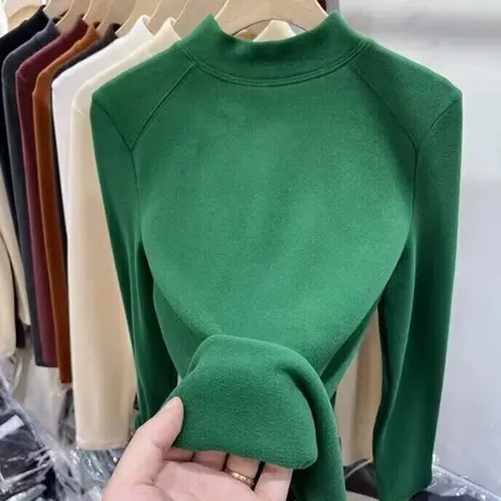 双面磨毛德绒半高领打底衫女大衣内搭秋冬加绒加厚长袖修身上衣服图片