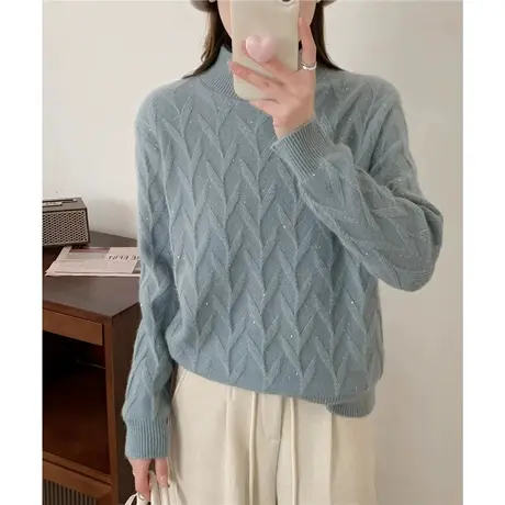 半高领毛衣女套头纯色简约亮丝秋冬新品针织衫加厚宽松显瘦打底女图片