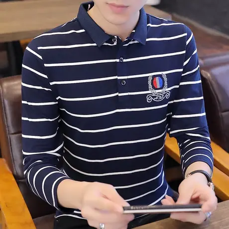 秋季新款男士翻领Polo衫韩版修身潮流青年纯棉大码条纹长袖T恤男商品大图