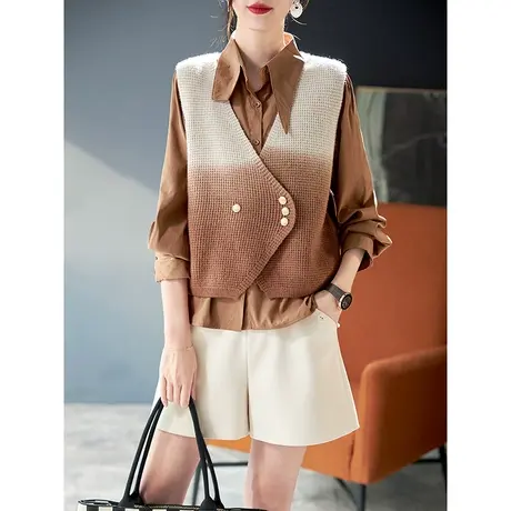 宝诗黎渐变色针织马甲背心长袖宽松衬衫两件套时尚春秋装2024新款图片