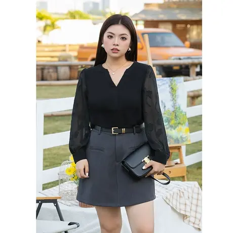 2025秋装新款大码胖MM直筒宽松显瘦黑色拼接雪纺上衣女长袖小心机图片