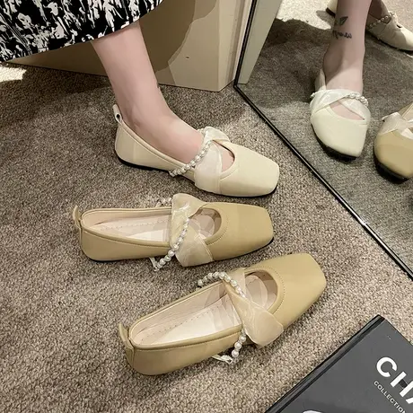 仙女风玛丽珍单鞋女2024新款春夏季百搭平底浅口方头低跟软底鞋子商品大图