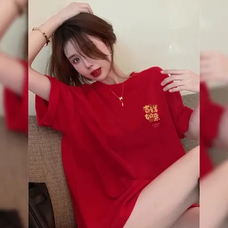 国潮新款纯棉高级红色T恤小众品牌早春打底休闲短袖内搭衫衣服潮商品大图