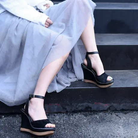 Artmu阿木原创欧美复古马毛坡跟凉鞋女防水台高跟鞋气质女鞋新款商品大图