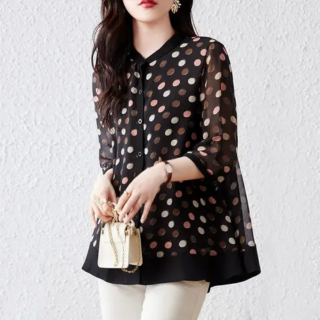 波点雪纺衬衫女短袖夏季宽松加肥大码女装中老年妈妈洋气显瘦上衣图片