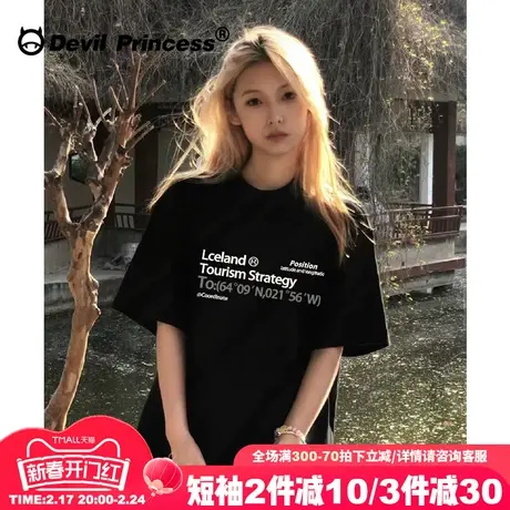 美式复古风高级感简约字母印花黑色短袖女t恤宽松纯棉正肩上衣潮图片