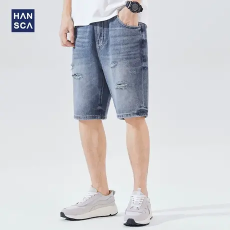 汉斯卡破洞牛仔短裤男2022夏季新款宽松直筒中裤潮流帅气五分裤子商品大图