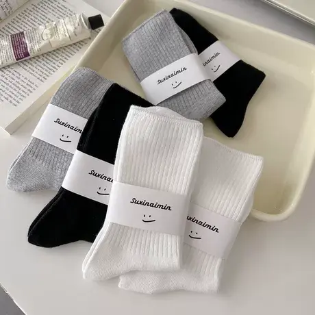 袜子女春款中筒显腿细粗腿ins潮流百搭jk日系竖条无骨白色堆堆袜图片