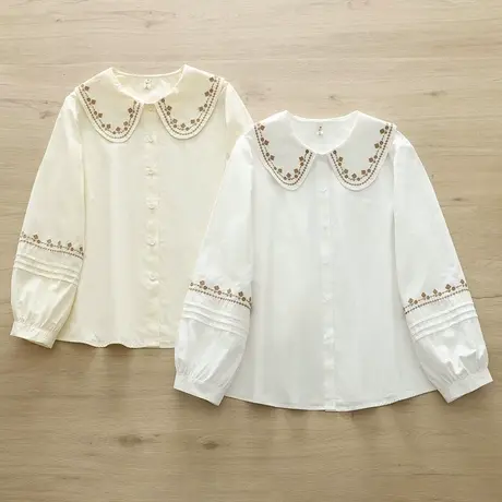 2024春秋新款学院风娃娃领衬衫女设计感小众花卉刺绣长袖上衣日系图片