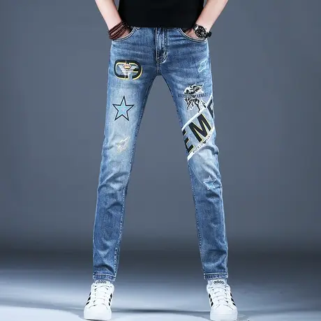 欧洲站男士新款牛仔裤男款2024新款春秋时尚修身印花小脚裤子潮牌商品大图