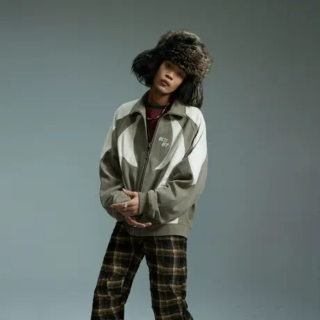 设计感拼接立领教练夹克男士春秋新款美式复古潮牌宽松情侣装外套图片